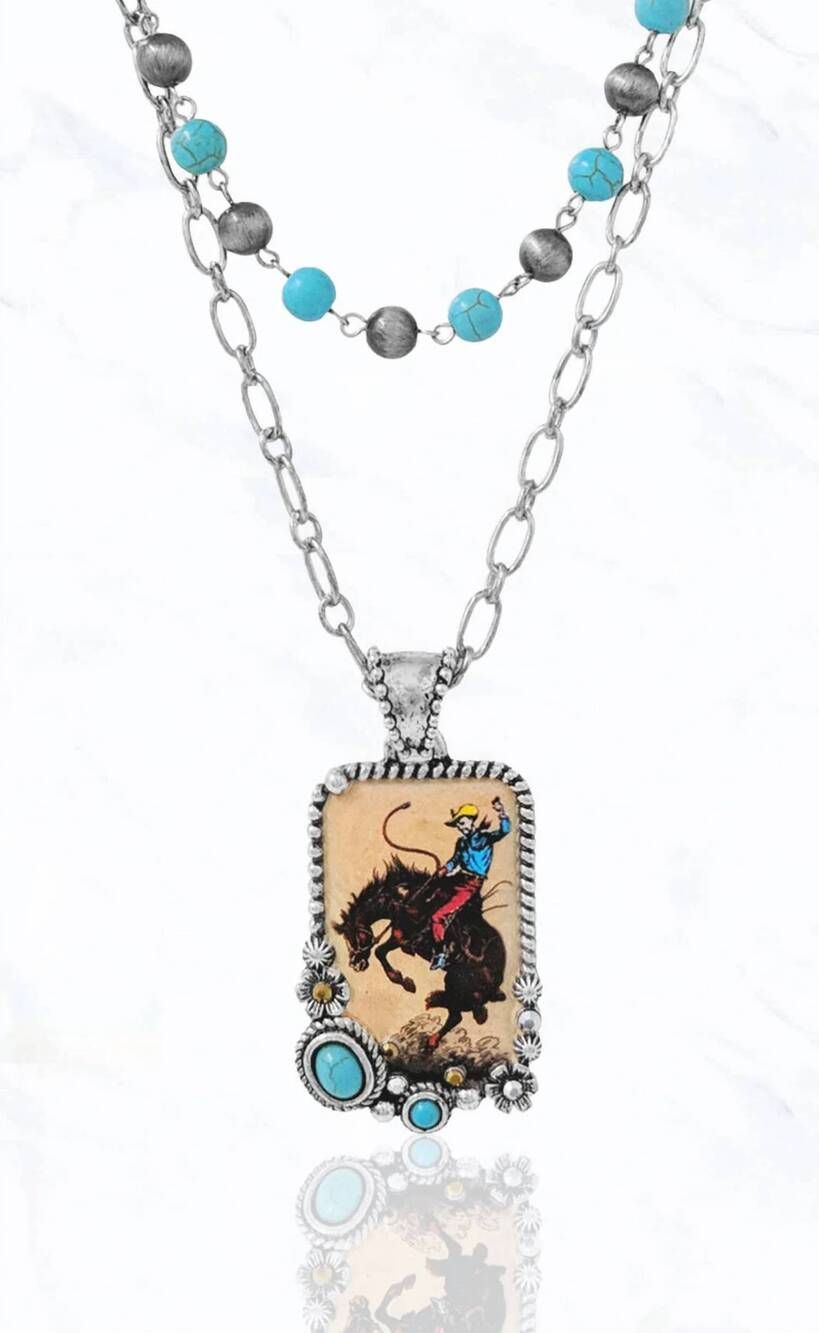 NEW SUZIE Q USA women's rodeo cowboy pendant layered necklace in silver / turquo